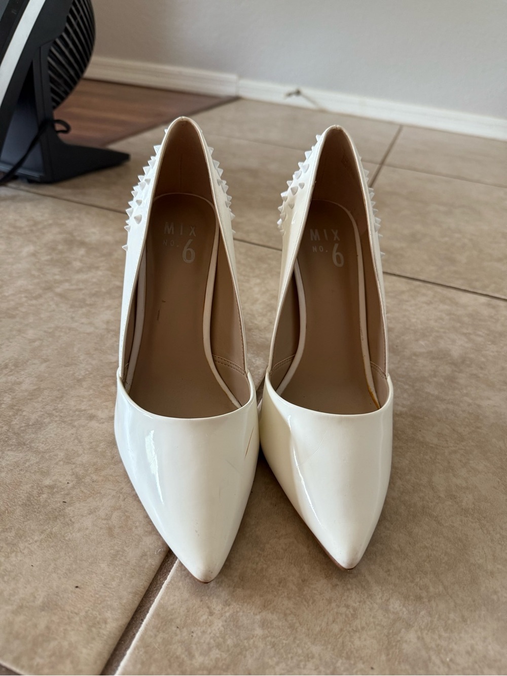No. 6 Cream Patent Pointed-Toe Studded Pumps